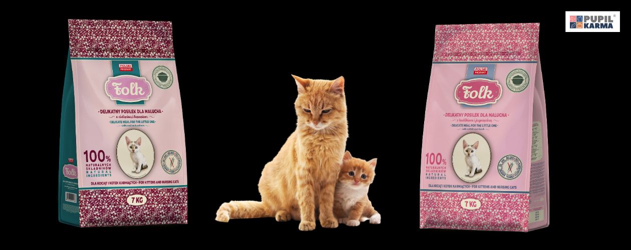 Konieczna jest specjalna dieta. Na czarnym tle dwa produkty FOLK. a na środku ruda kotka z rudym kociątkiem. Logo pupilkarma.